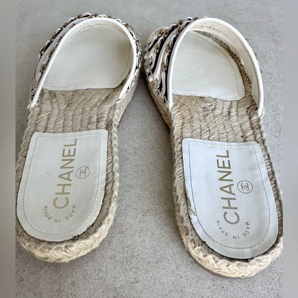 CHANEL Chain Lambskin Espadrille Slip On Sandals  EU 37 US 6-6.5 Black & White